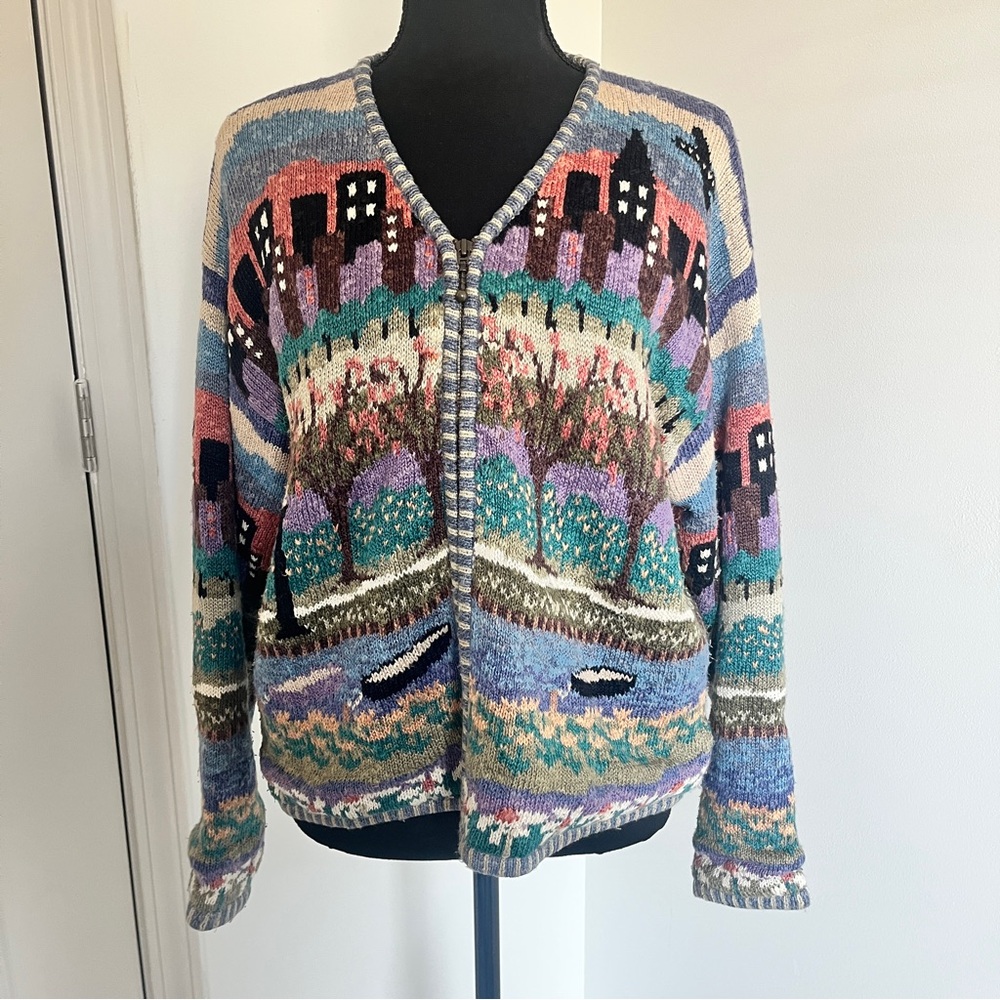 Icelandic Design Knit Cardigan Zip Front L Cozy Cottagecore Landscape Sweater